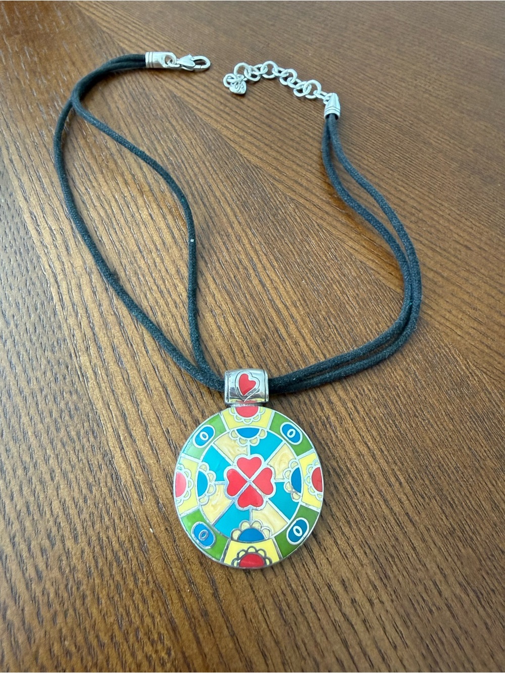Brighton Multicolor Enamel Medallion Black Cord Necklace